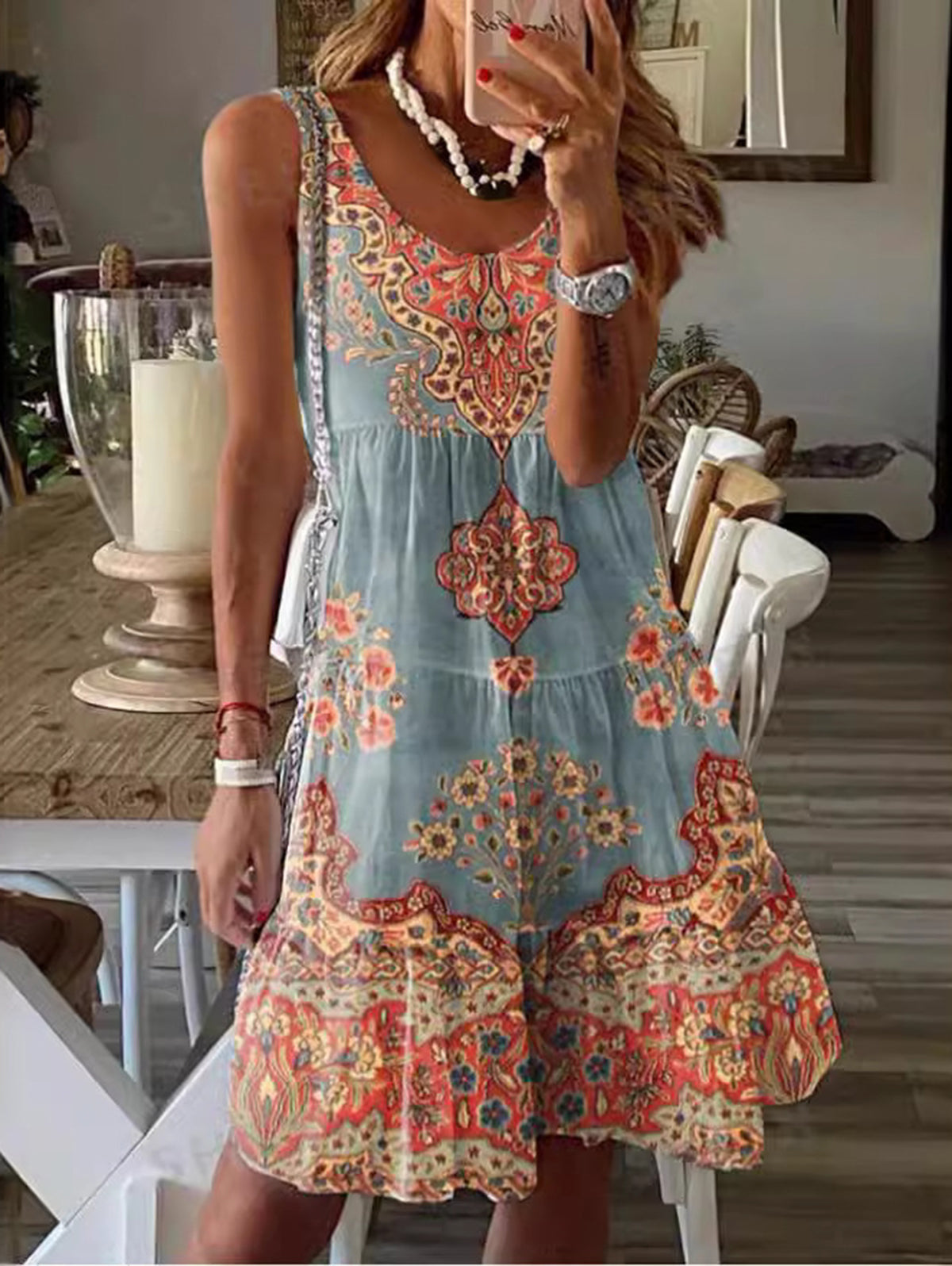 CD | Boho rotund gât model floral mini rochie fără mâneci