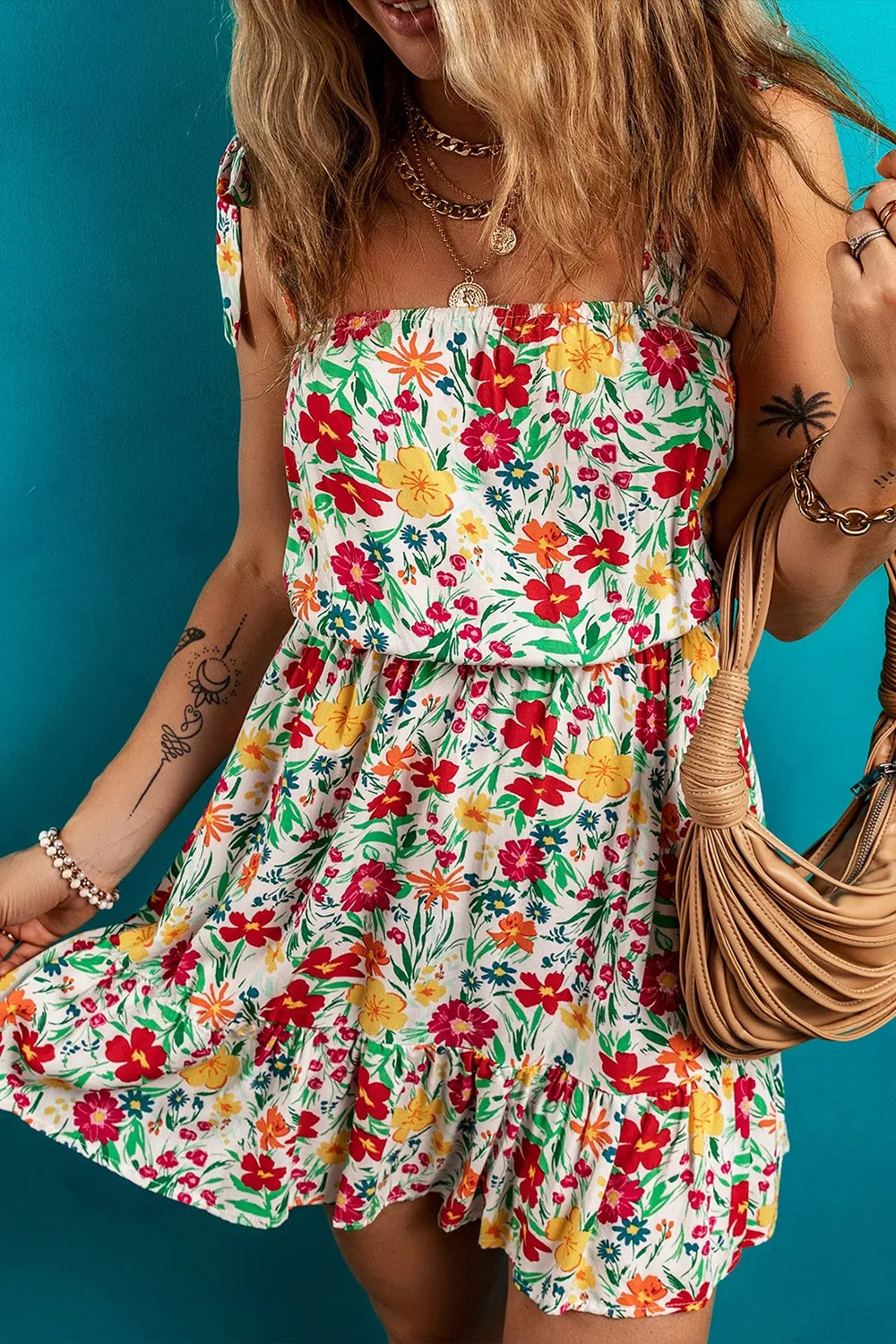 CD | Floral cu bretele înnodate Rochie mini cu tiv încrețit