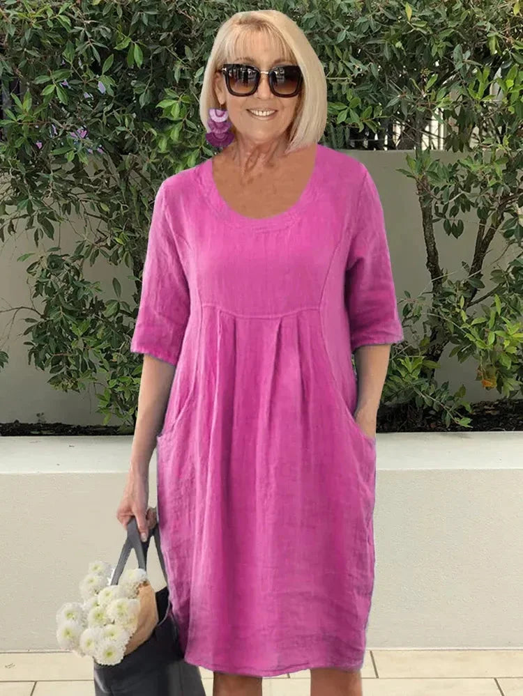 CD | Rochie midi pentru femei - Fibre naturale - Ținută relaxată - Decolteu rotund - Mâneci la cot - Buzunare