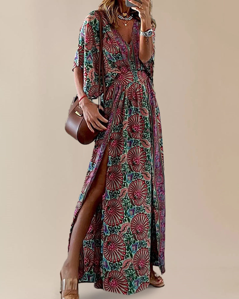 CD | Bohème Print V-Neck Dress Elegant Split glezna lungime rochie lungă