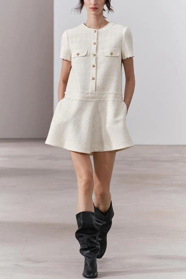 CD | 1960s London Girl tweed texturat aur buton cu mânecă scurtă buzunar mini rochie