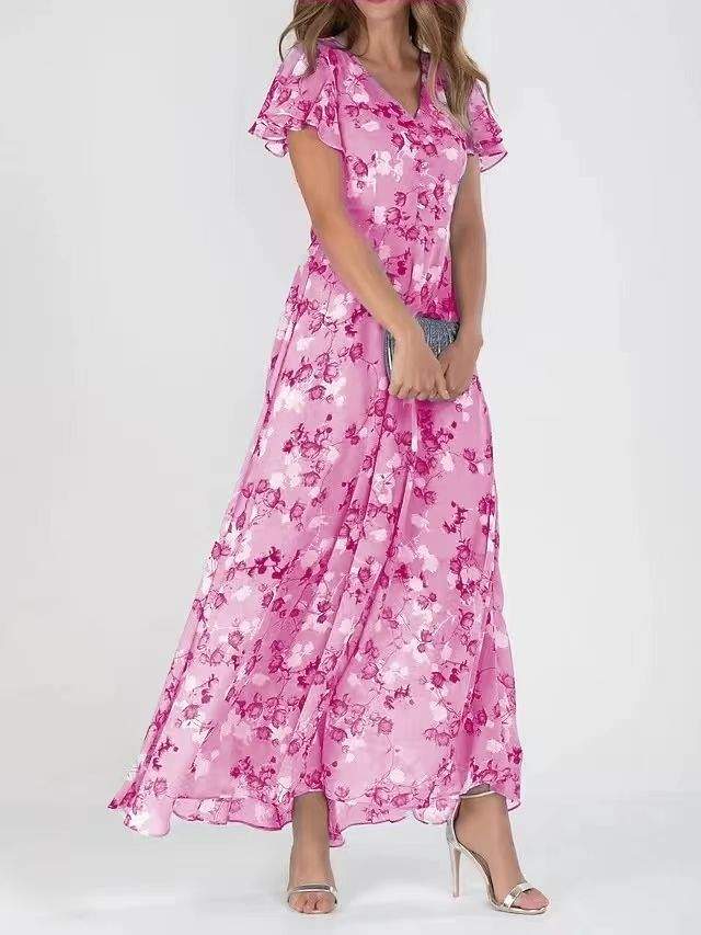 CD | Floral Print Short Sleeve Dress Summer Fashion Ruffle Beach Dresses Îmbrăcăminte pentru femei