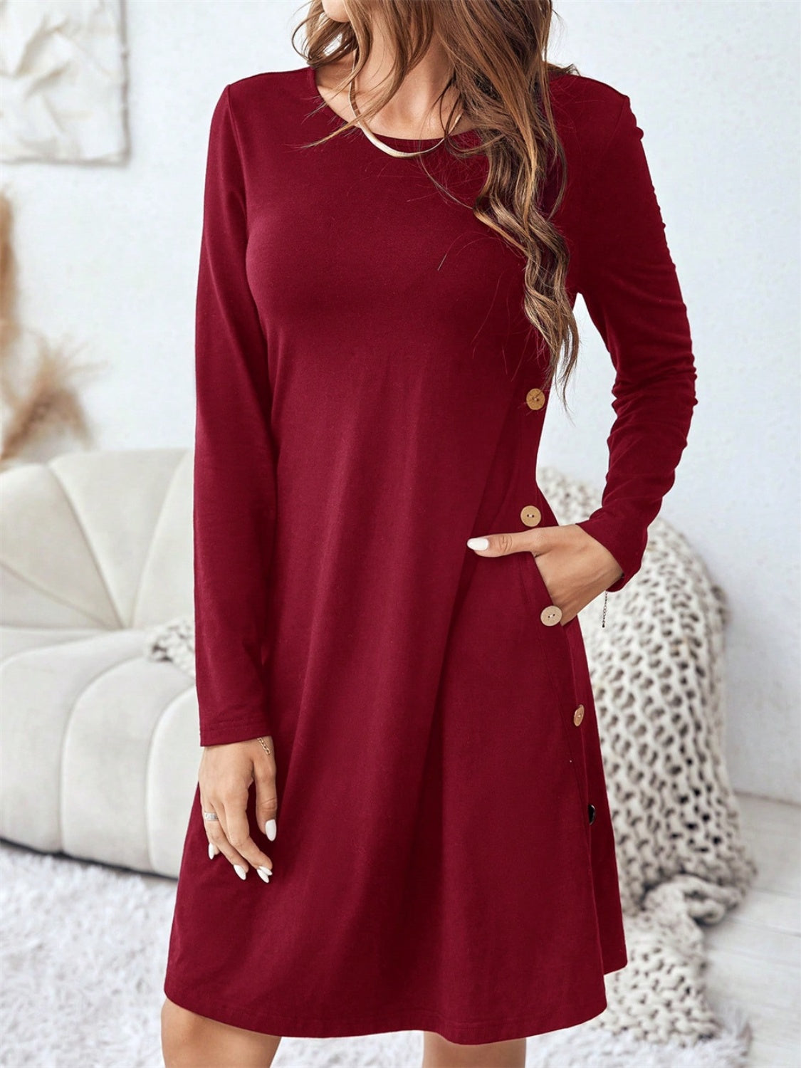 CD | Decolteu rotund Rochie mini cu mâneci lungi și buzunare