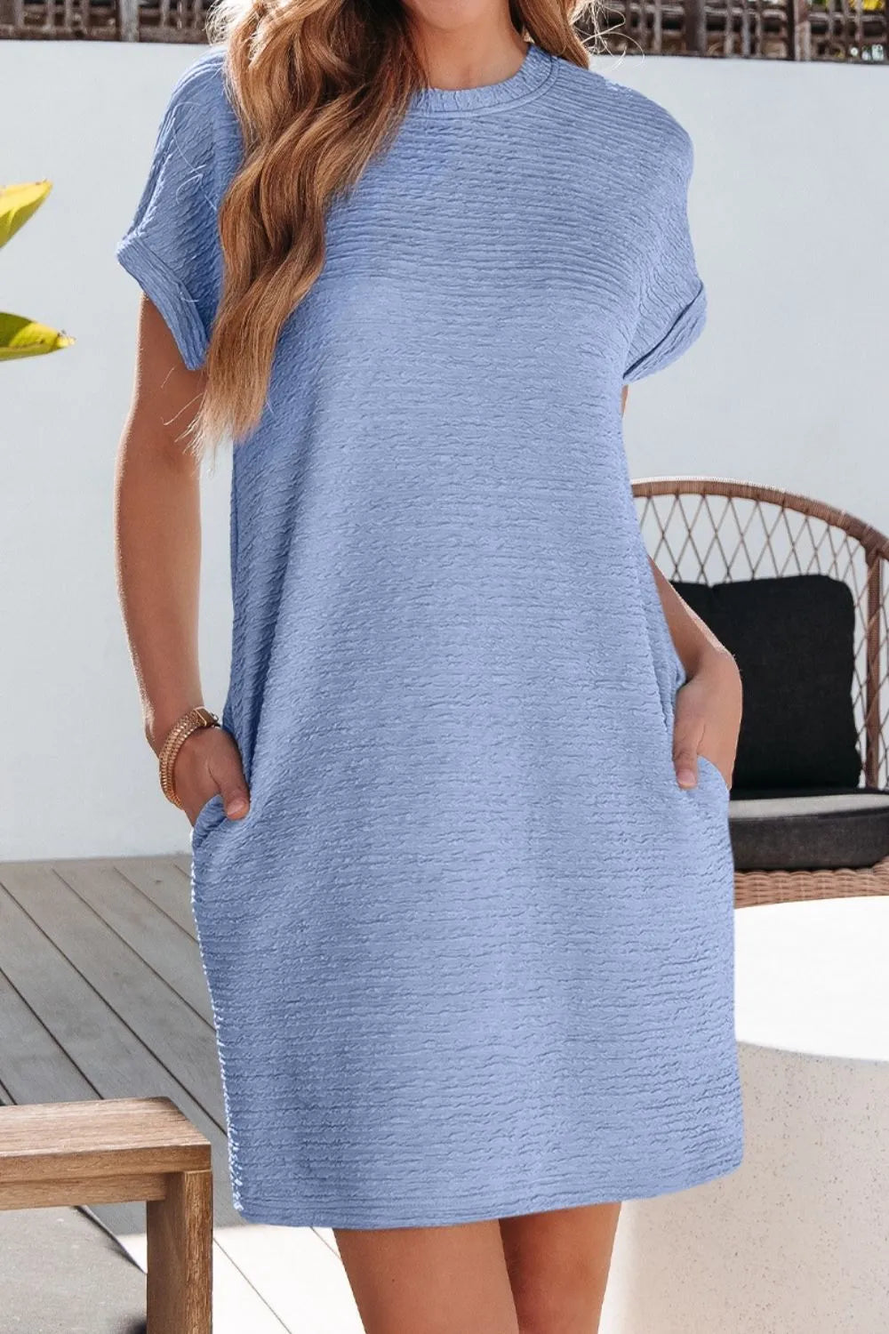 CD | Culoare solidă texturată Crinkle Rochie tricou cu mânecă scurtă