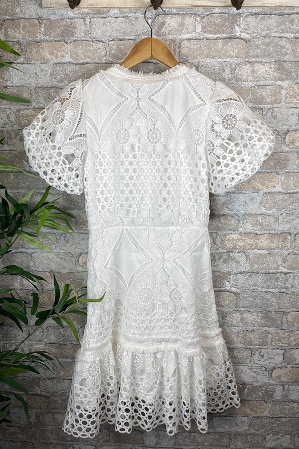 CD | Sweet Valor Crochet dantelă Puff maneca buton sus Mini rochie