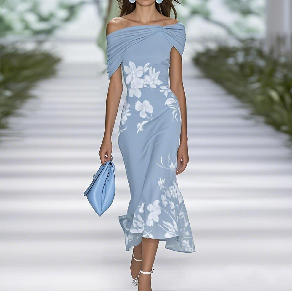 CD | Rochie midi pentru femei - fără umeri - montată - imprimeu floral - amestec respirabil