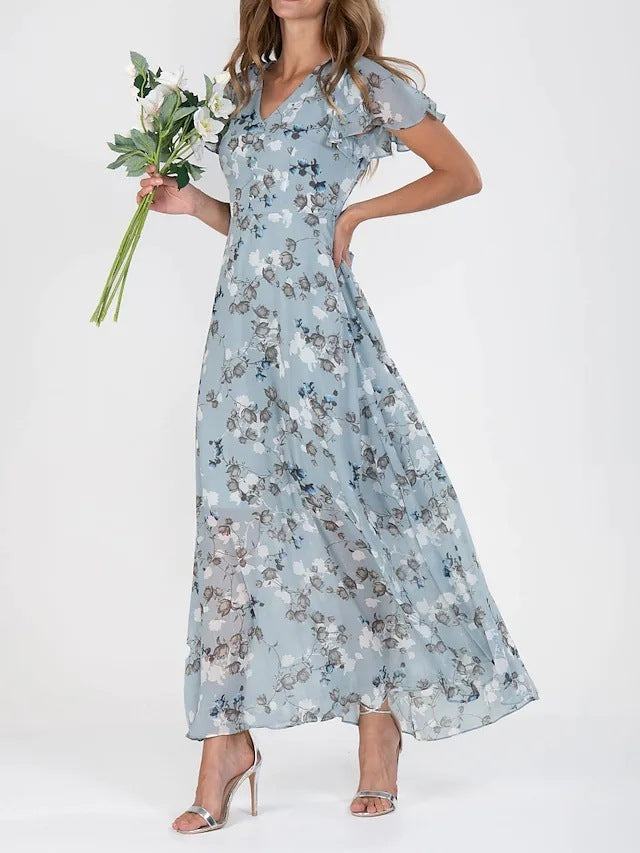 CD | Floral Print Short Sleeve Dress Summer Fashion Ruffle Beach Dresses Îmbrăcăminte pentru femei