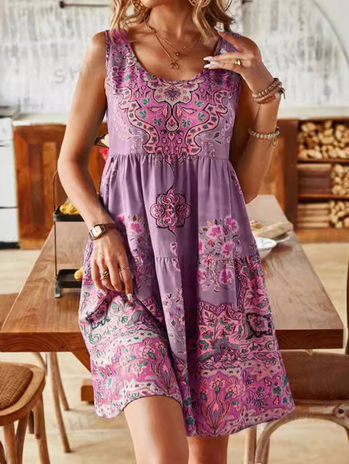 CD | Boho rotund gât model floral mini rochie fără mâneci