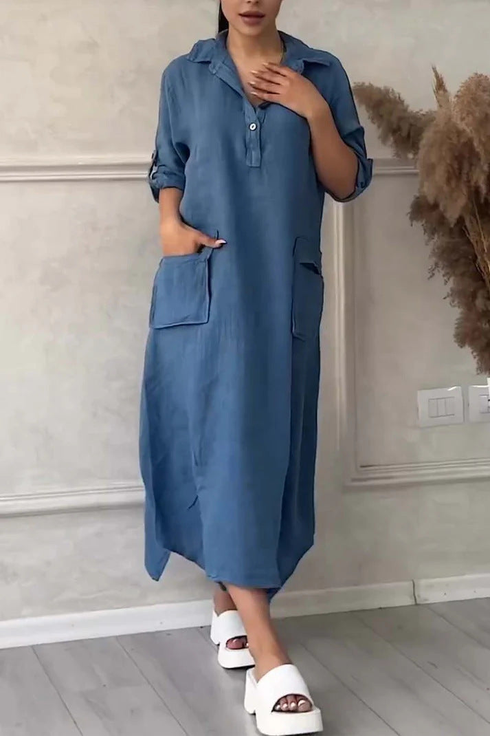 CD | Rochie maxi pentru femei din in și bumbac cu rever