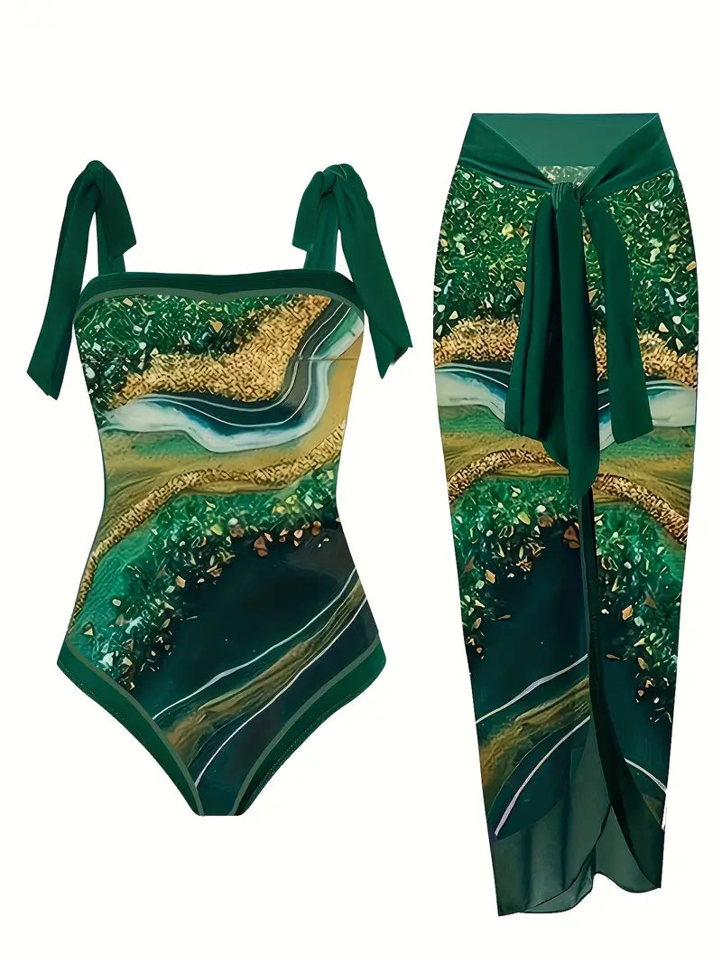 CD | Costum de baie elegant și fustă cu imprimeu marmură într-o singură piesă