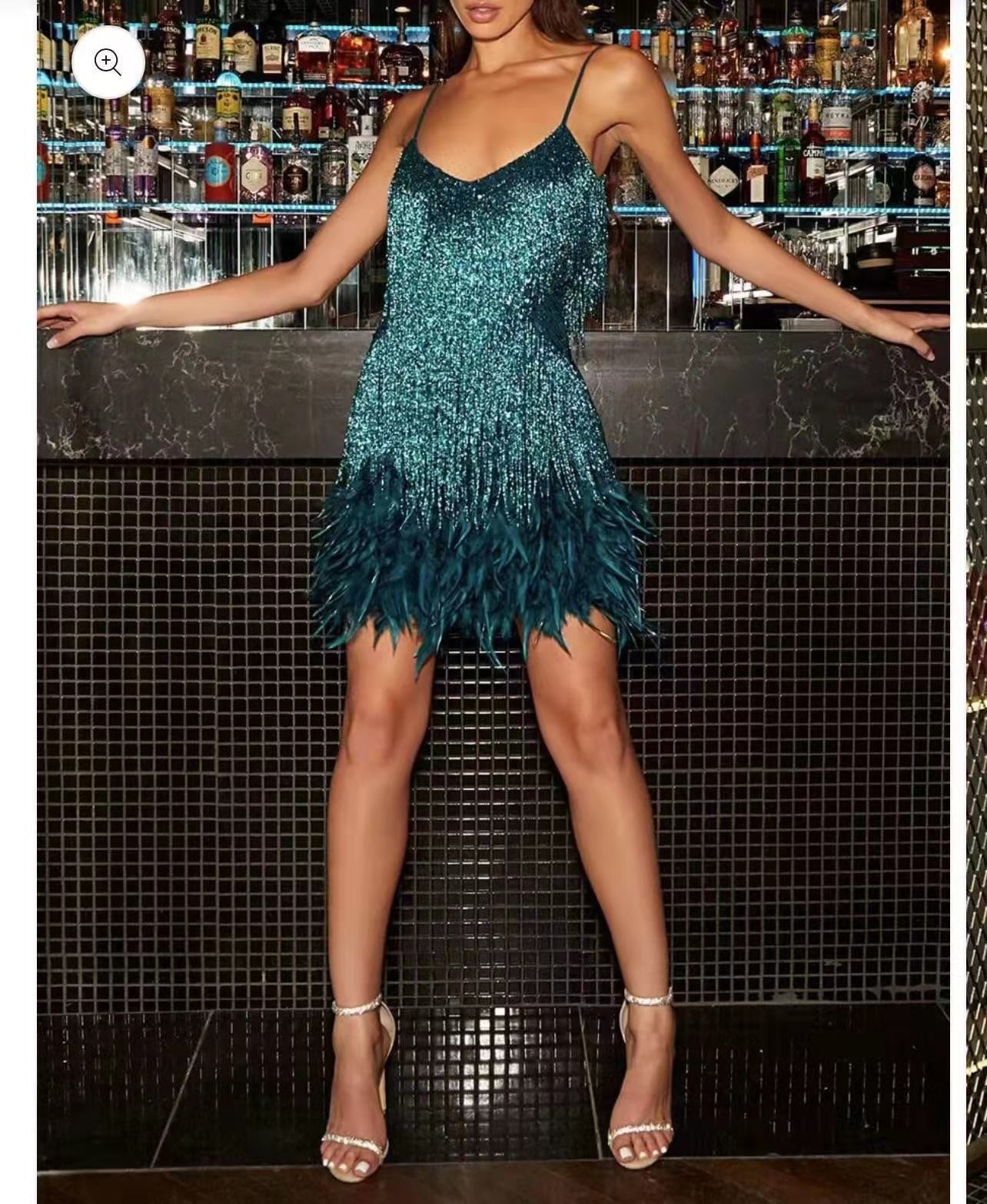 CD | Sexy Tassel paiete pană de vară Mini rochie Femei V-Neck Spaghete curea Stitching rochii Femei Elegant seara Party Club rochie