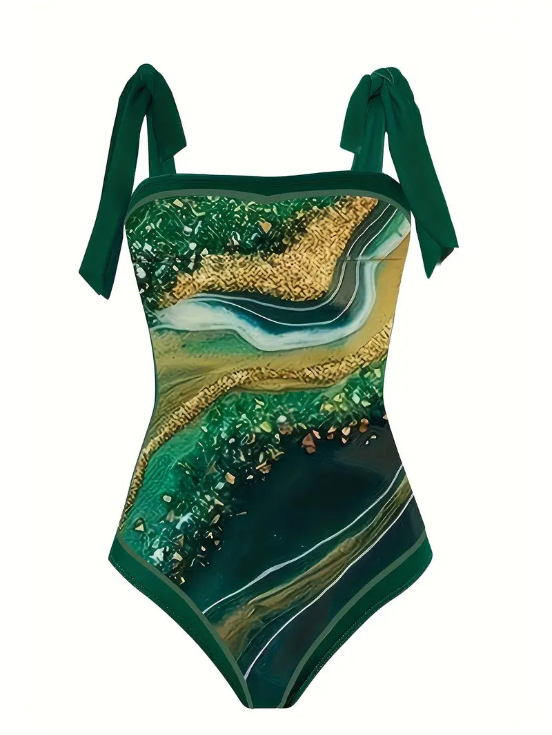 CD | Costum de baie elegant și fustă cu imprimeu marmură într-o singură piesă