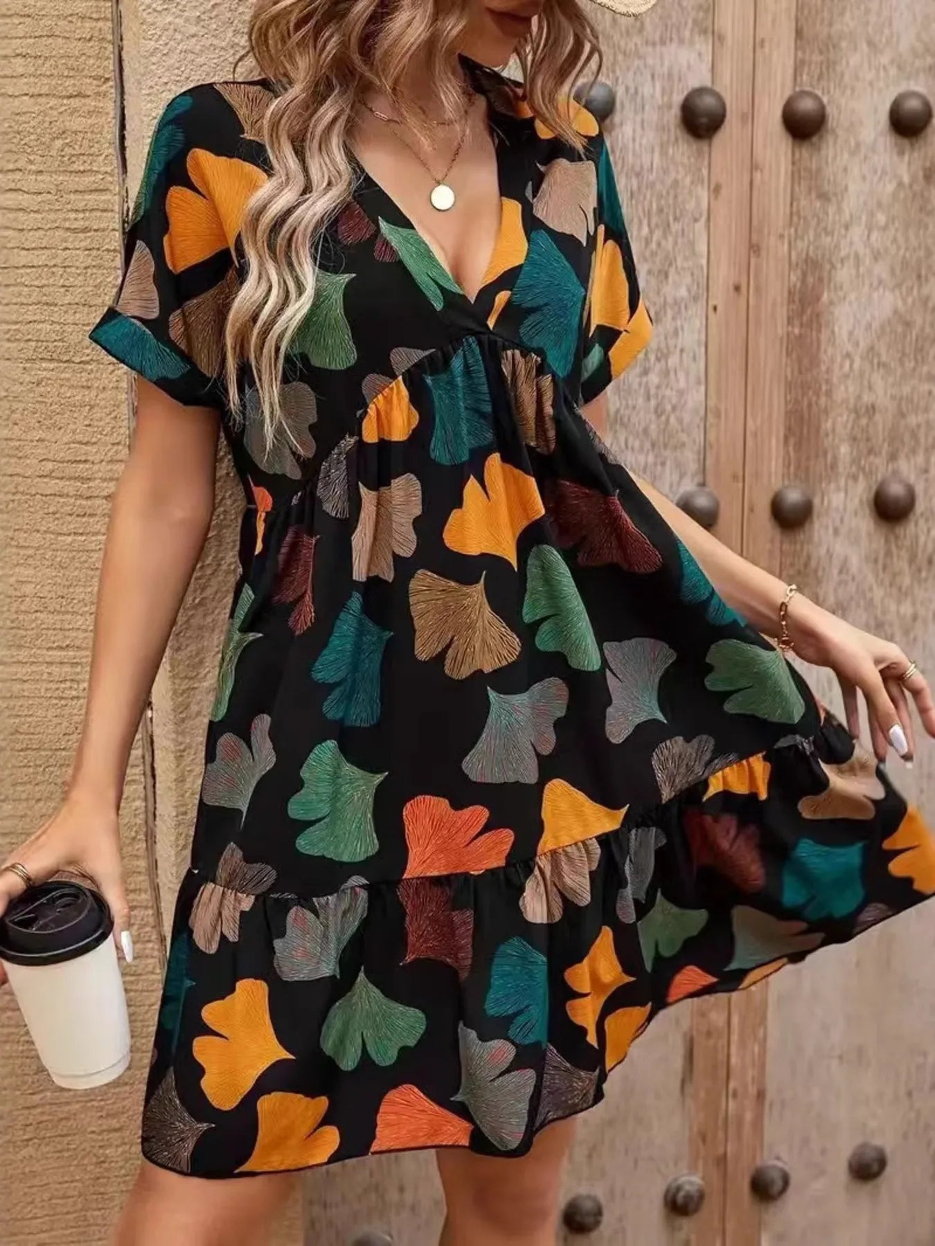 CD | Imprimate V-neck cu mânecă scurtă boho rochie mini