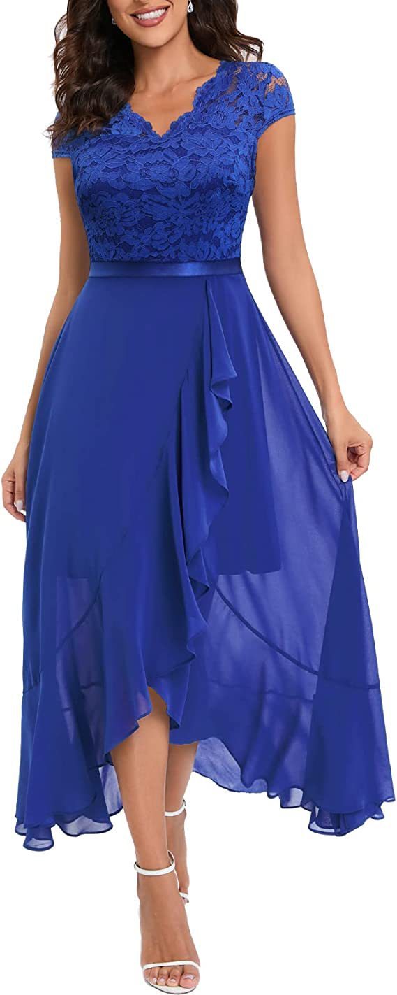 CD | Ladies V-Neck Short Sleeve Formal Dress with Lace Bodice