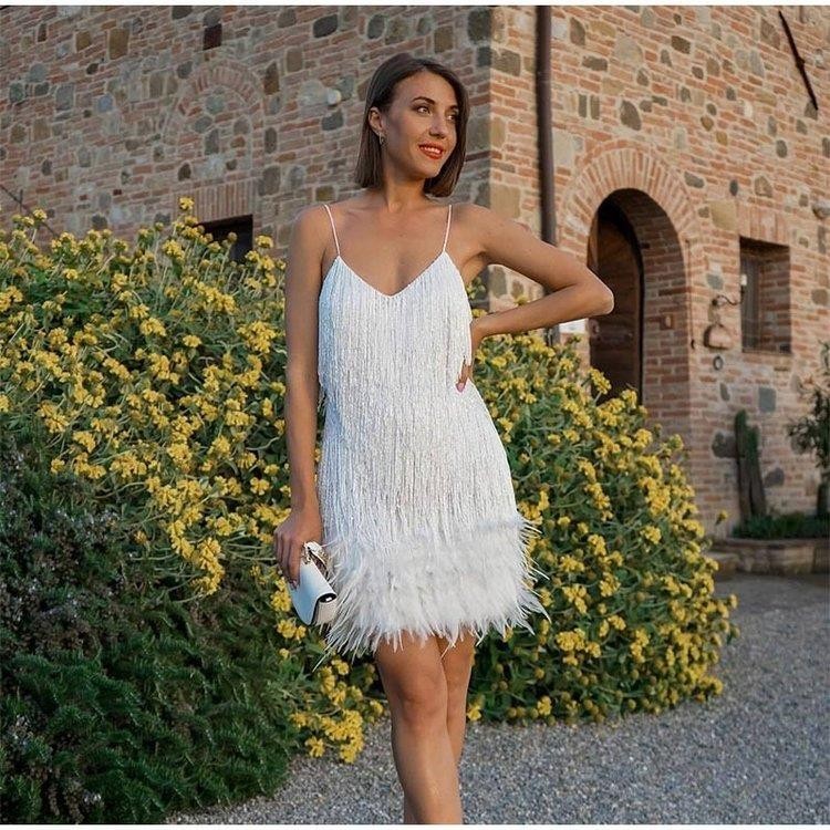 CD | Sexy Tassel paiete pană de vară Mini rochie Femei V-Neck Spaghete curea Stitching rochii Femei Elegant seara Party Club rochie