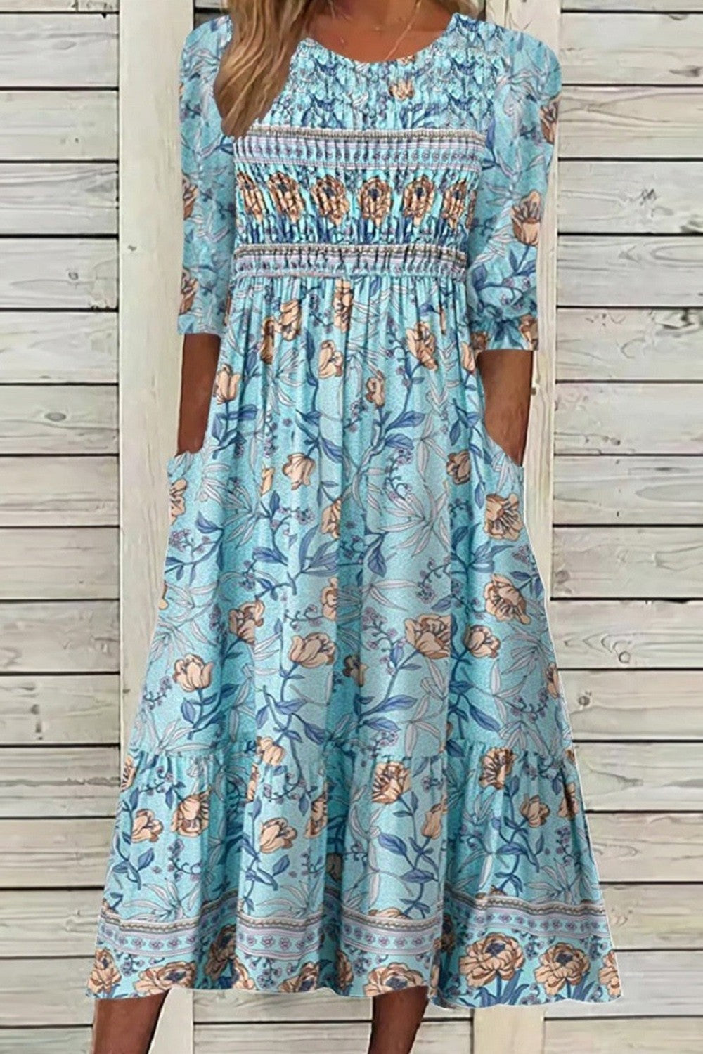 CD | Rochie midi pentru femei - Ținută relaxată - Imprimeu floral grafic - Amestec respirabil - Mâneci pe jumătate