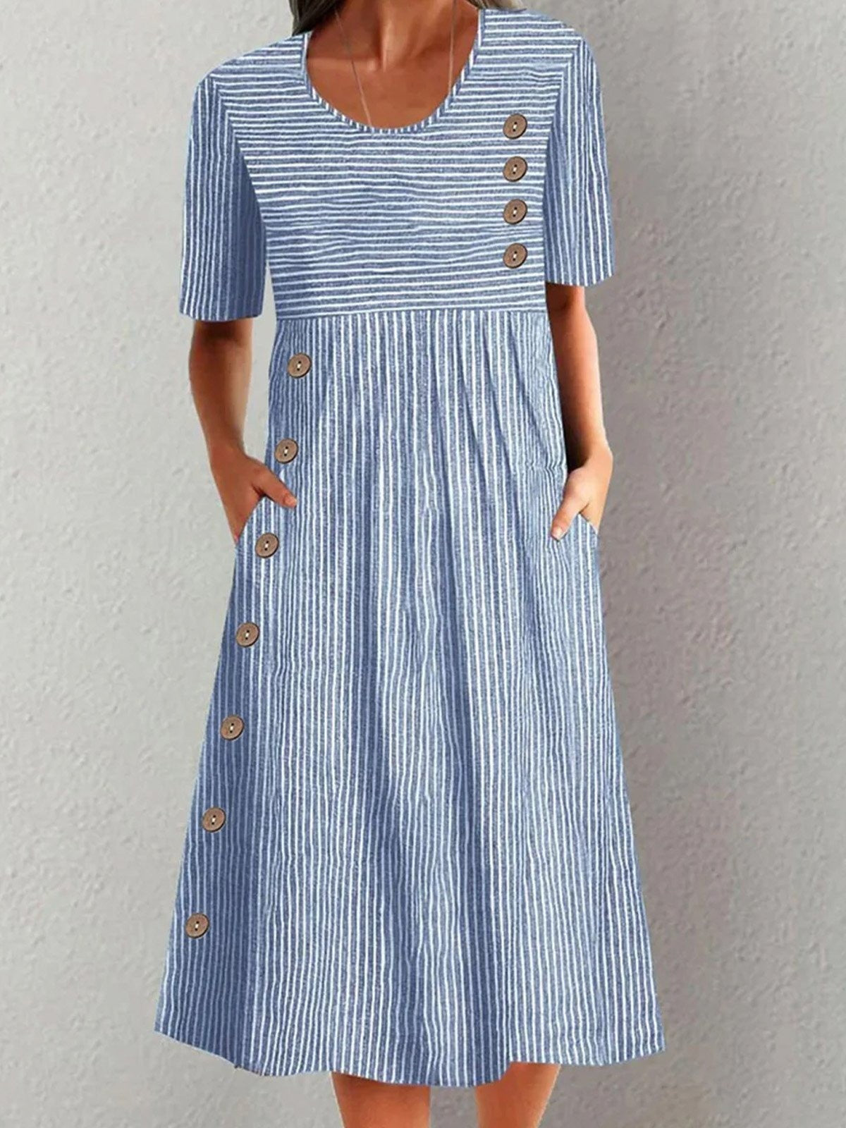 CD | Rochie midi pentru femei - Ținută relaxată - Model în dungi - Decolteu rotund - Mâneci scurte - Fibre naturale