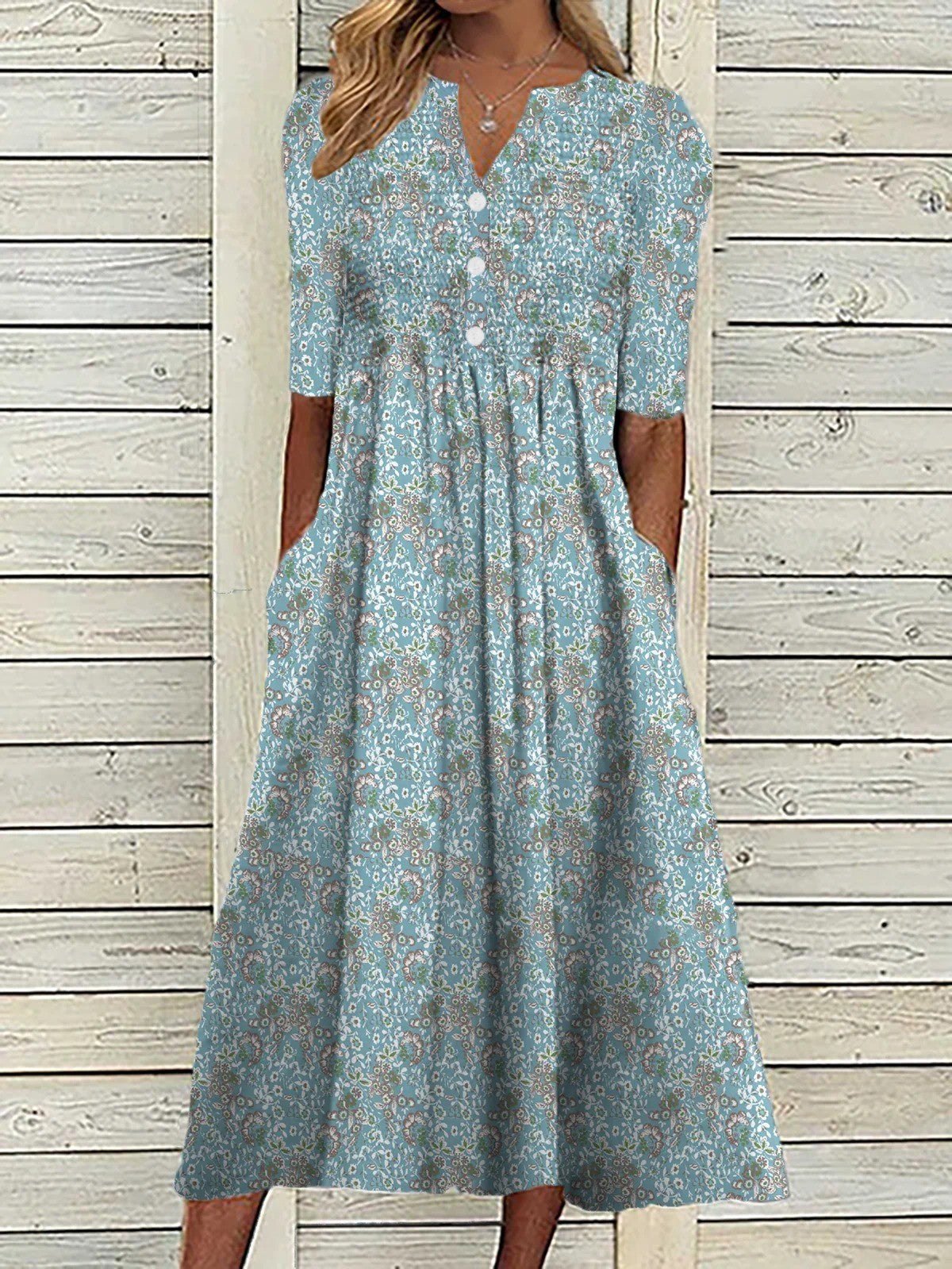 CD | Rochie midi pentru femei - Ținută relaxată - Decolteu în V - Imprimeu floral - Amestec respirabil - Buzunare