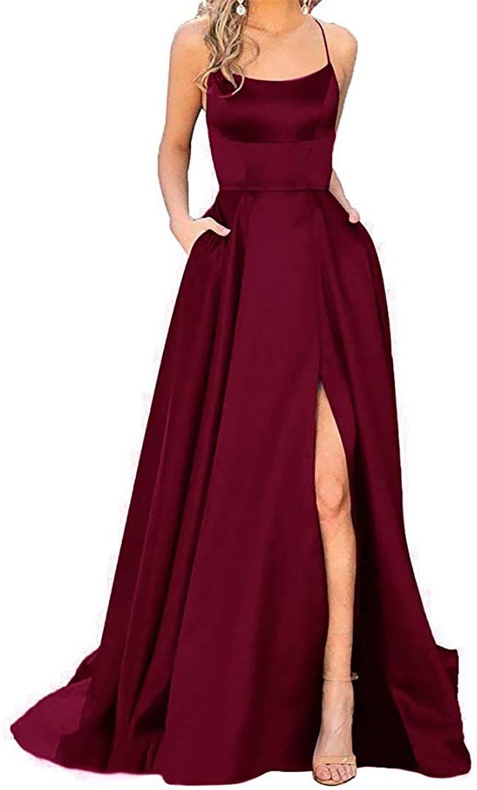 CD | Rochie maxi pentru femei - Top slim fit - Fustă fluidă - Bretele spaghetti - Fantă laterală