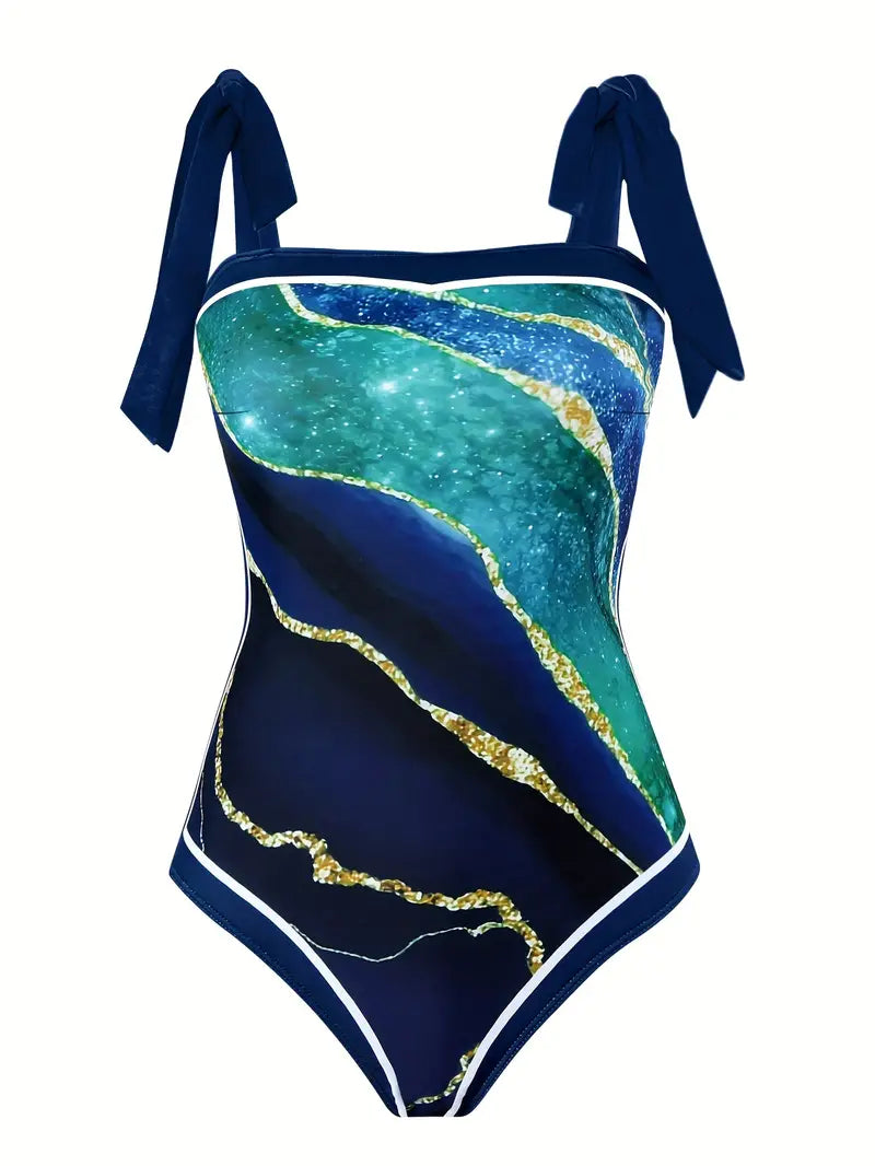 CD | Costum de baie elegant și fustă cu imprimeu marmură într-o singură piesă