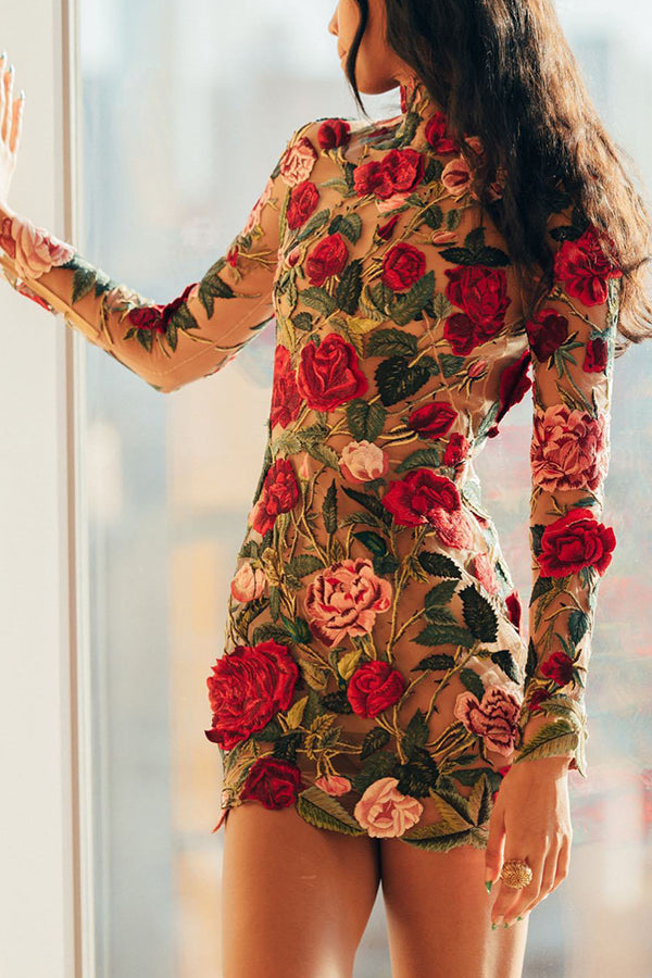 CD | Rosie Moments Floral Applique rochie mini cu mânecă lungă