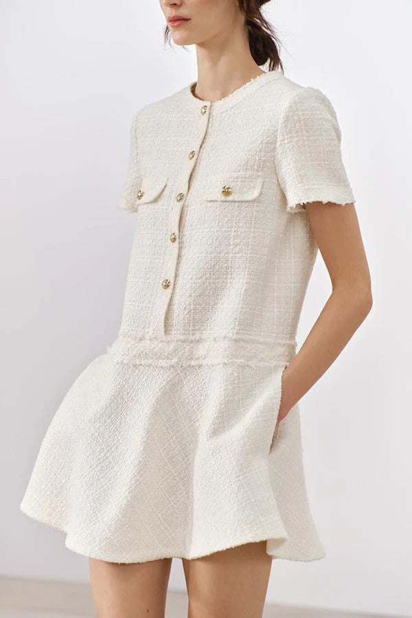 CD | 1960s London Girl tweed texturat aur buton cu mânecă scurtă buzunar mini rochie