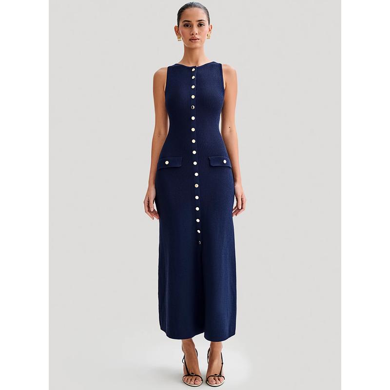 CD | Rochie maxi elegantă fără mâneci cu nasturi pentru femei