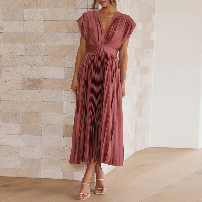 CD | Rochie midi pentru femei - A-line - gât în V fără mâneci - țesătură de lux plisată - spate deschis