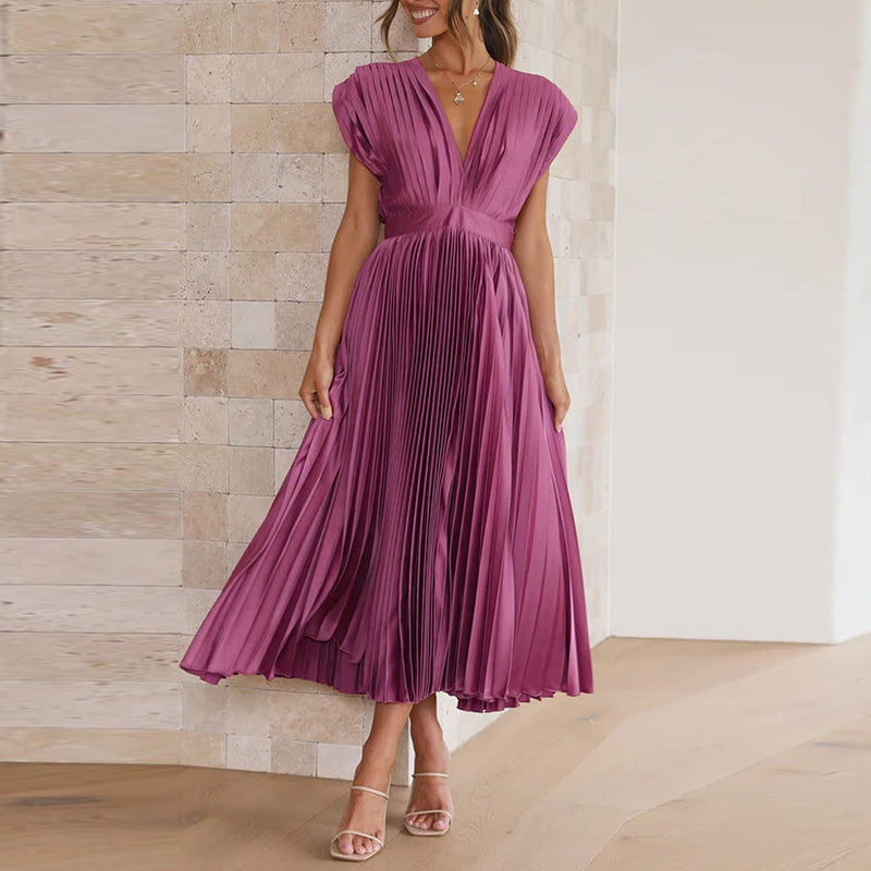 CD | Rochie midi pentru femei - A-line - gât în V fără mâneci - țesătură de lux plisată - spate deschis