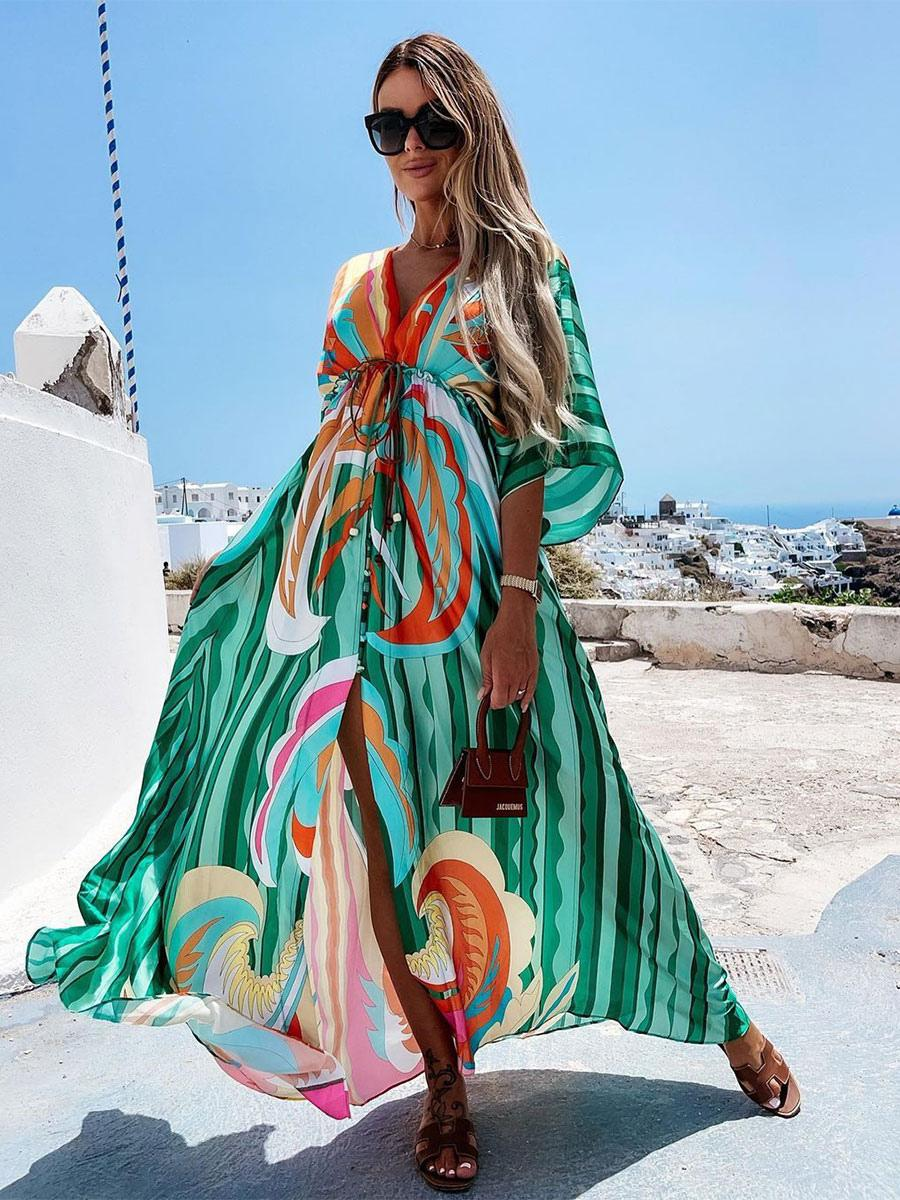 CD | Rochie de plajă boho cu decolteu în formă de inimă, mâneci batwing, croială lungă și imprimeu