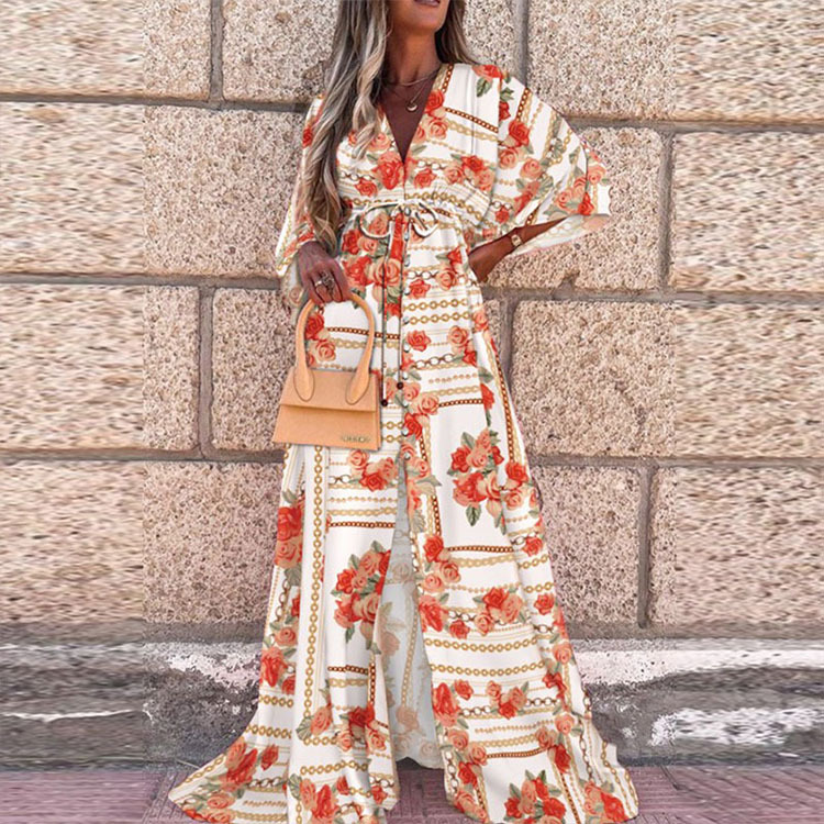 CD | Rochie de plajă boho cu decolteu în formă de inimă, mâneci batwing, croială lungă și imprimeu