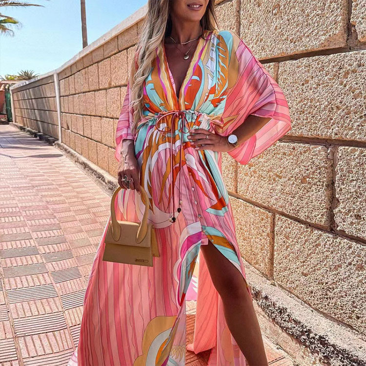 CD | Rochie de plajă boho cu decolteu în formă de inimă, mâneci batwing, croială lungă și imprimeu