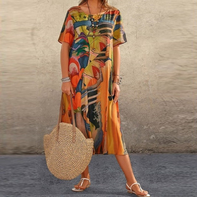 CD | Rochie midi pentru femei - Ținută relaxată - Imprimeu abstract - Mâneci scurte - Fibre naturale