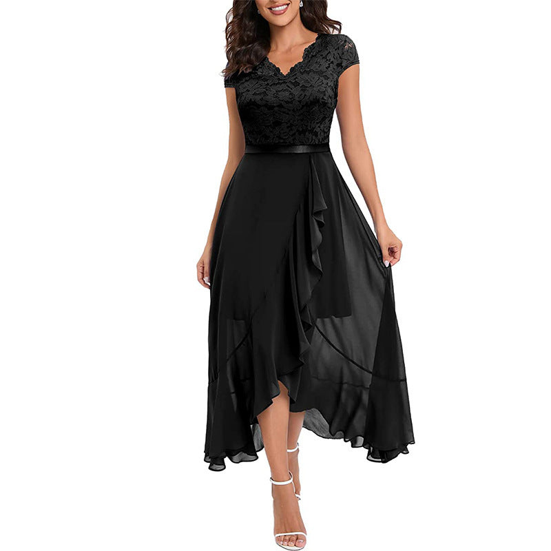 CD | Ladies V-Neck Short Sleeve Formal Dress with Lace Bodice