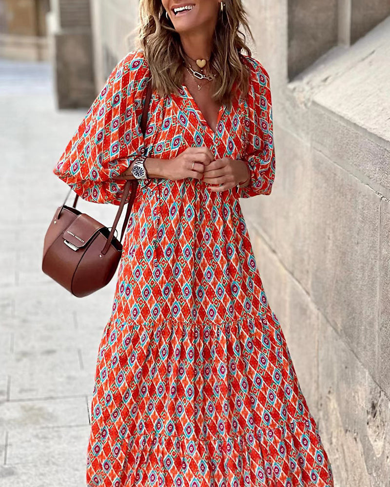 CD | respirabil Lantern Sleeve florale imprimare rochie lungă vrac V-Neck moda vara plaja rochie