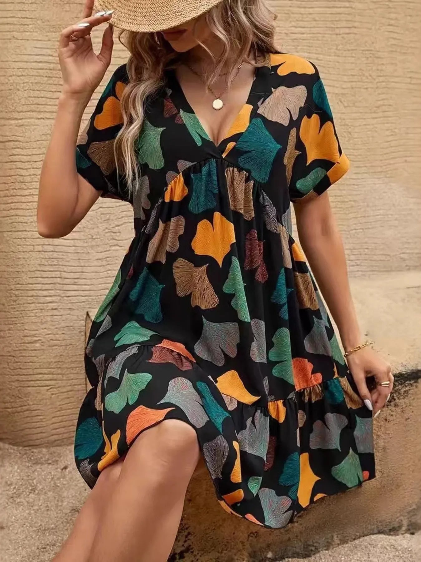 CD | Imprimate V-neck cu mânecă scurtă boho rochie mini