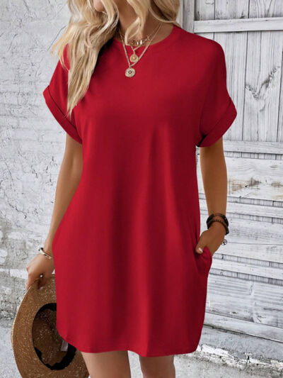 CD | Gât rotund Mini tricou cu mâneci scurte cu buzunare