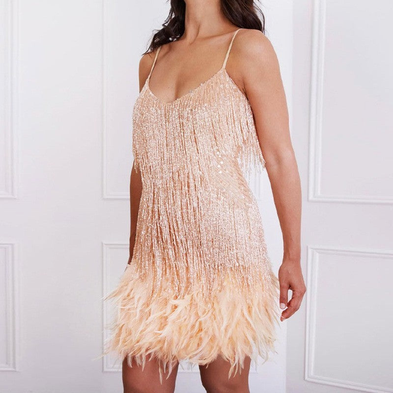 CD | Sexy Tassel paiete pană de vară Mini rochie Femei V-Neck Spaghete curea Stitching rochii Femei Elegant seara Party Club rochie