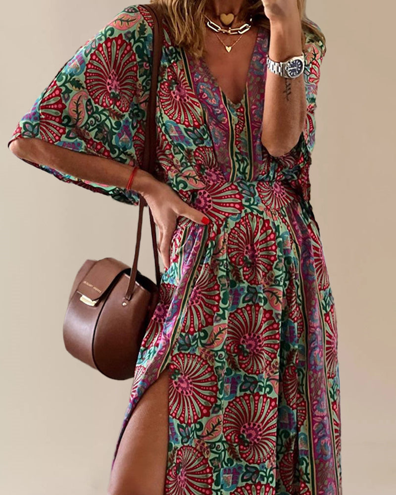 CD | Bohème Print V-Neck Dress Elegant Split glezna lungime rochie lungă