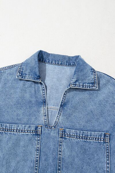 CD | Rochie mini din denim cu mânecă scurtă, guler și buzunare aplicate