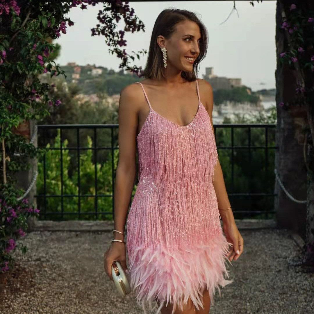 CD | Sexy Tassel paiete pană de vară Mini rochie Femei V-Neck Spaghete curea Stitching rochii Femei Elegant seara Party Club rochie