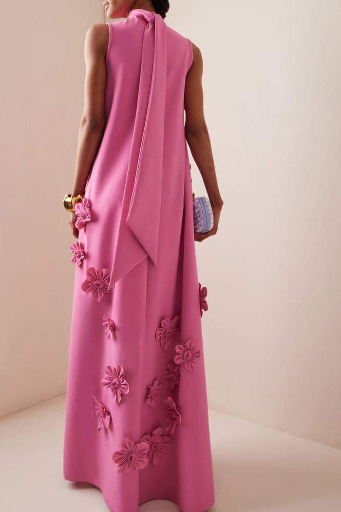 CD | Rochie maxi pentru femei - Material mătăsos - Croială relaxată - Aplicații florale 3D - Decolteu înalt