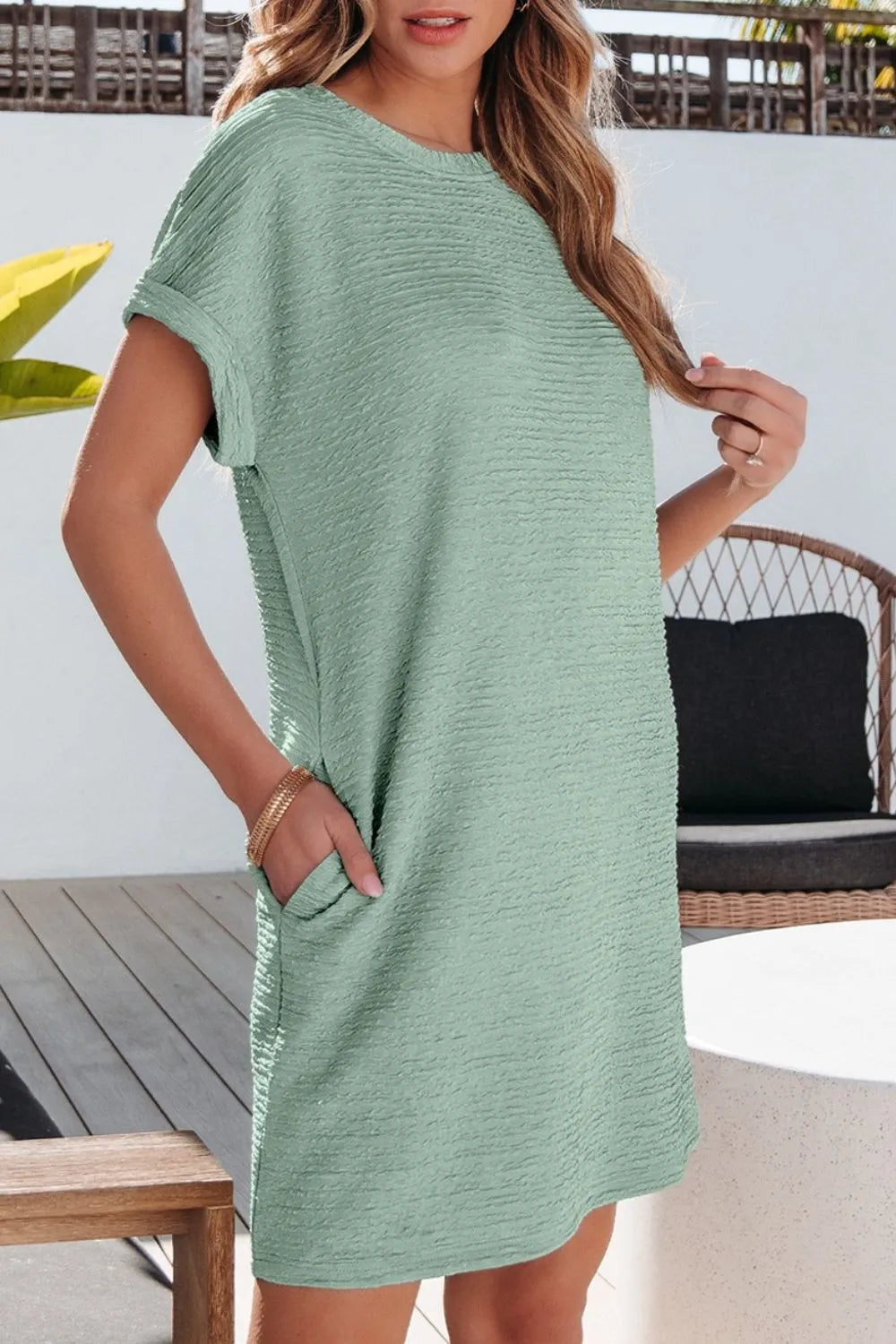 CD | Culoare solidă texturată Crinkle Rochie tricou cu mânecă scurtă