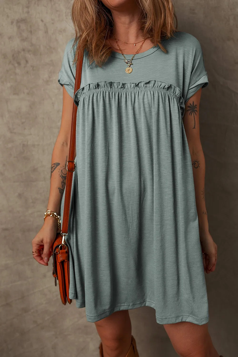 CD | Ruffled Gathered cusătură rotund gât rochie tricou