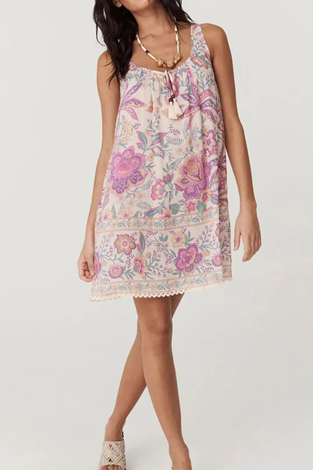 CD | Multicolor Floral Tie Neck Rochie mini fără mâneci