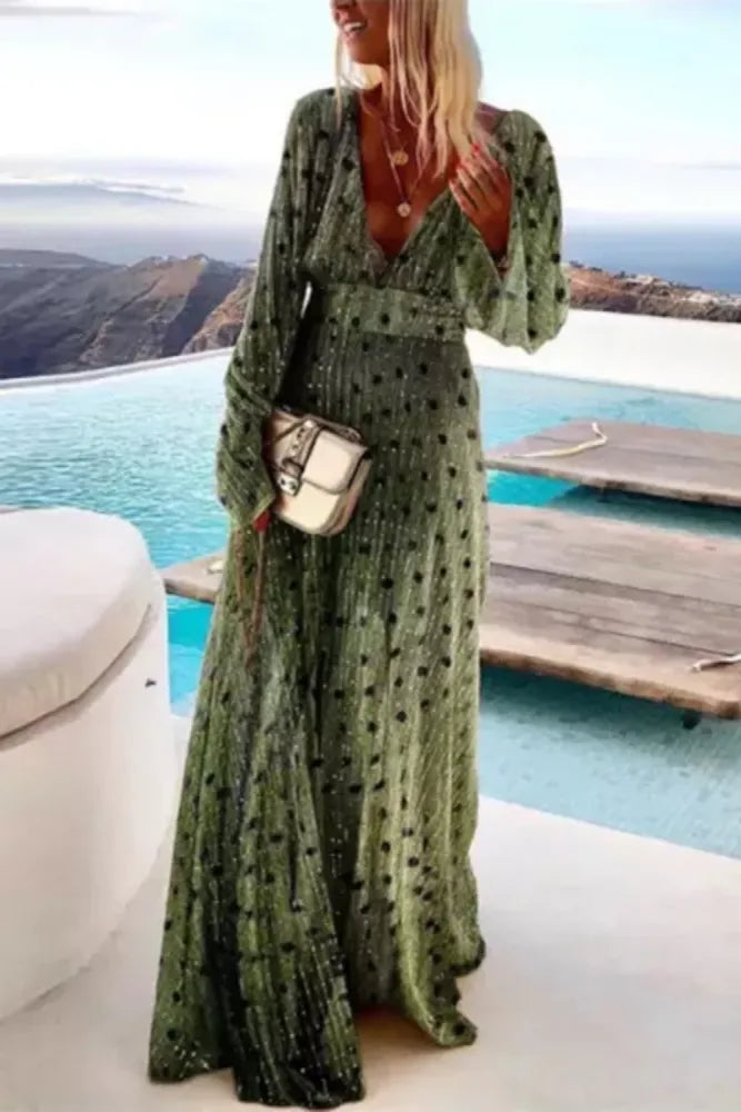 CD | Elegant Print Deep V gât Moda Shiny Long Sleeve Maxi Dress