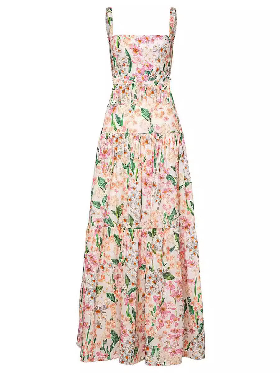 CD | Rochie maxi cu dungi florale cu talie smocked pentru femei - Romantic stil de vară