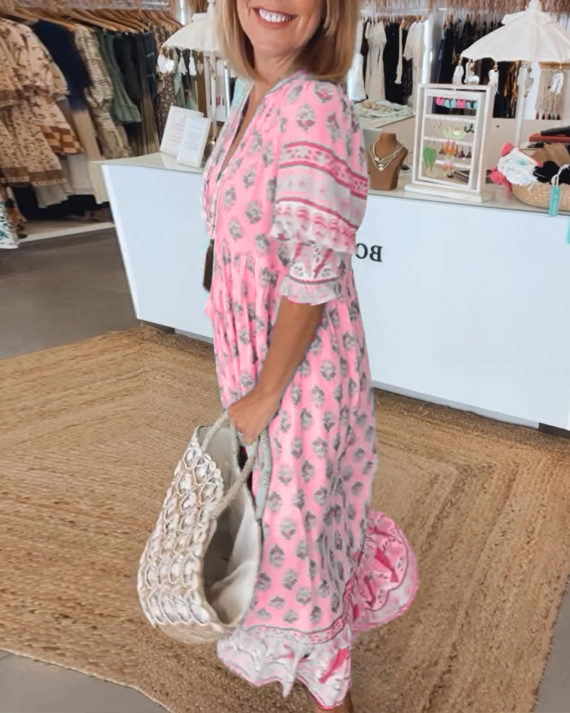 CD | Rochie maxi boho relaxată cu mânecă lungă tip lanternă