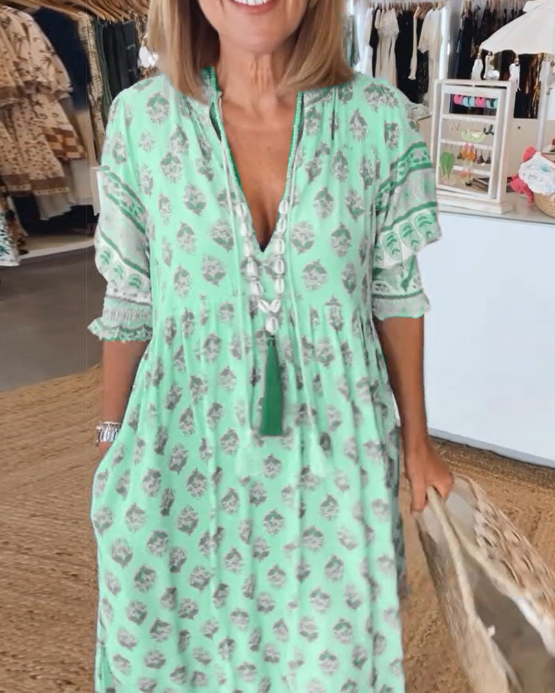 CD | Rochie maxi boho relaxată cu mânecă lungă tip lanternă