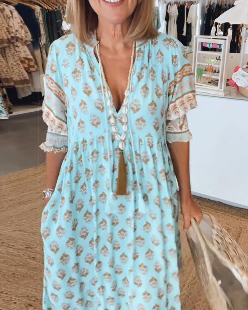 CD | Rochie maxi boho relaxată cu mânecă lungă tip lanternă
